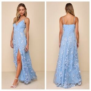 Lulus Rare Presence Powder Blue 3D Floral Surplice Maxi Dress